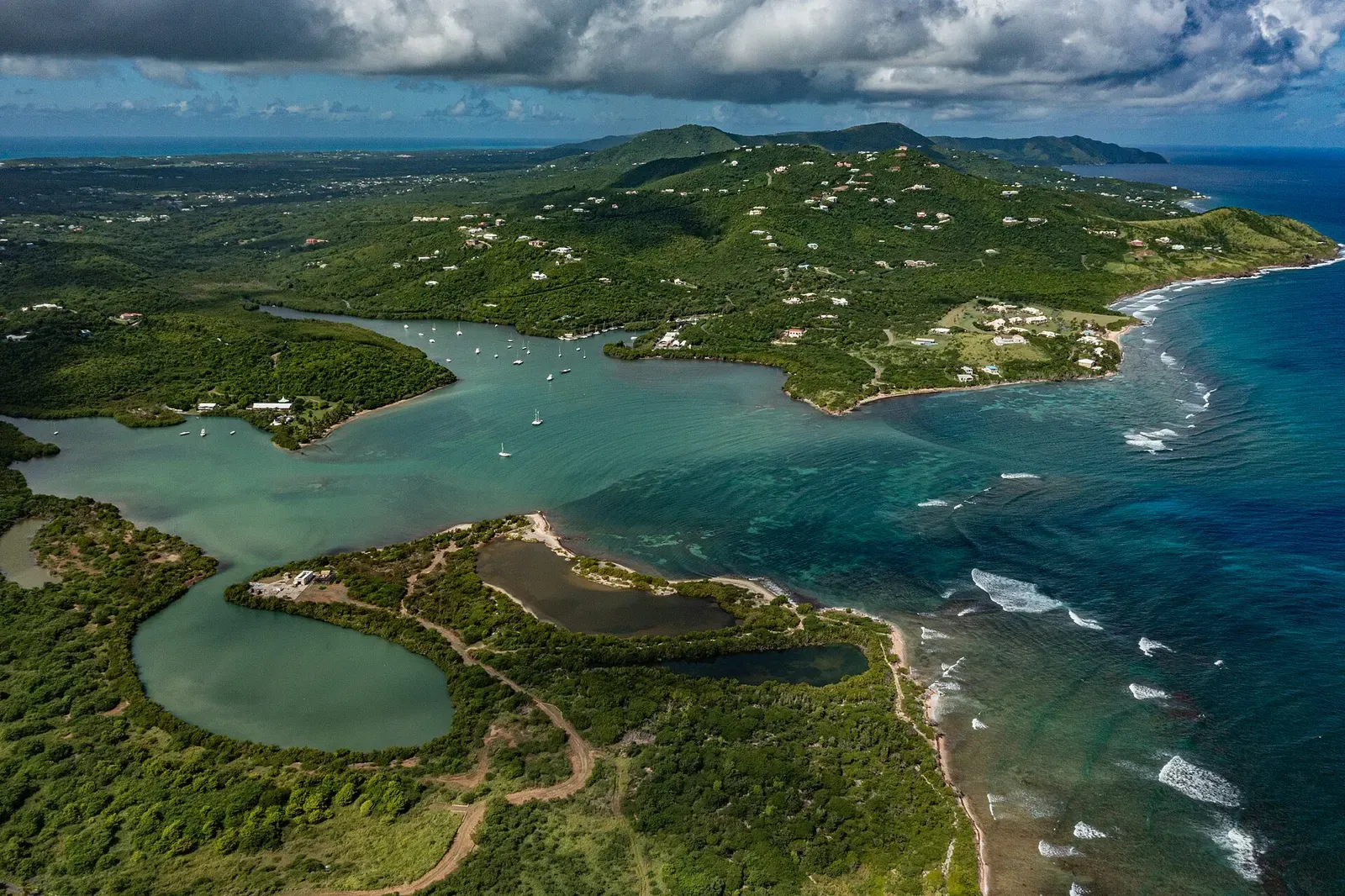 Aerial view of the mangrove-lined inlet and reef flats of Salt River Bay on St. Croix's north shore.