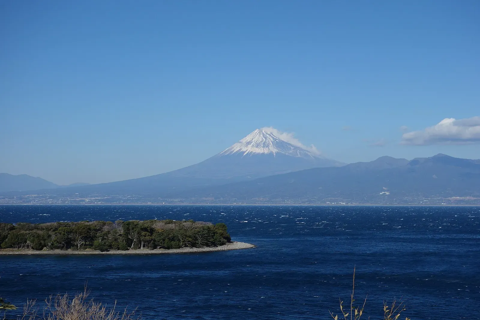 Wooded spit of Cape Ose reaching into Suruga Bay with Mount Fuji rising beyond