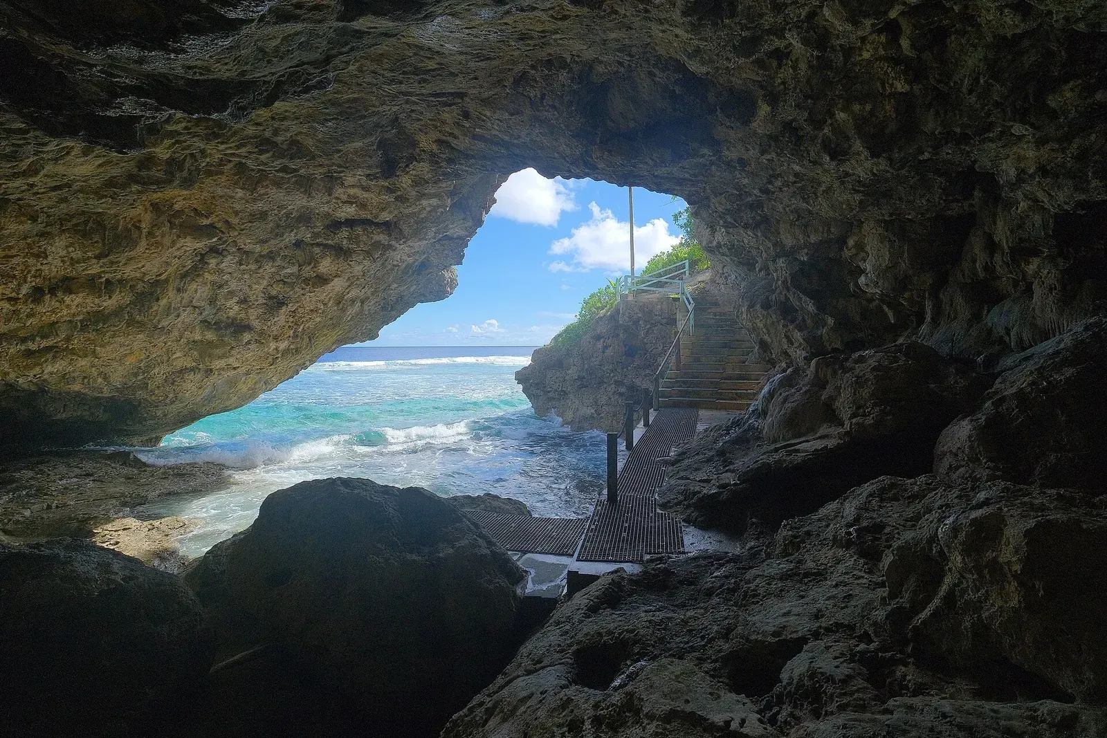 View from inside Vaila Cave looking out across Niue's reef to the ocean