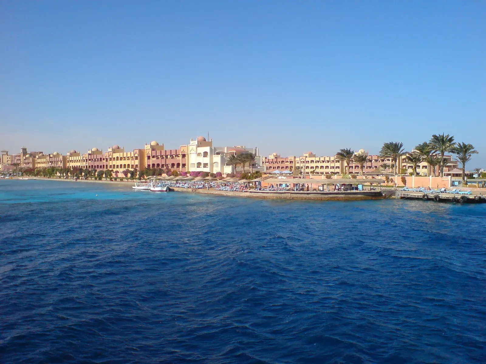Hurghada's hotel-lined shoreline seen from the water on Egypt's Red Sea coast
