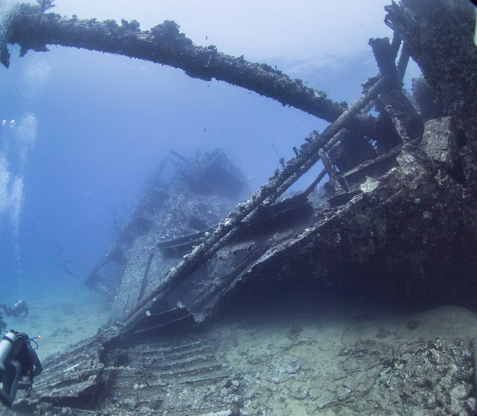 Broken ribs of the Chrisoula K wreck arch upward against open blue water at Abu Nuhas.