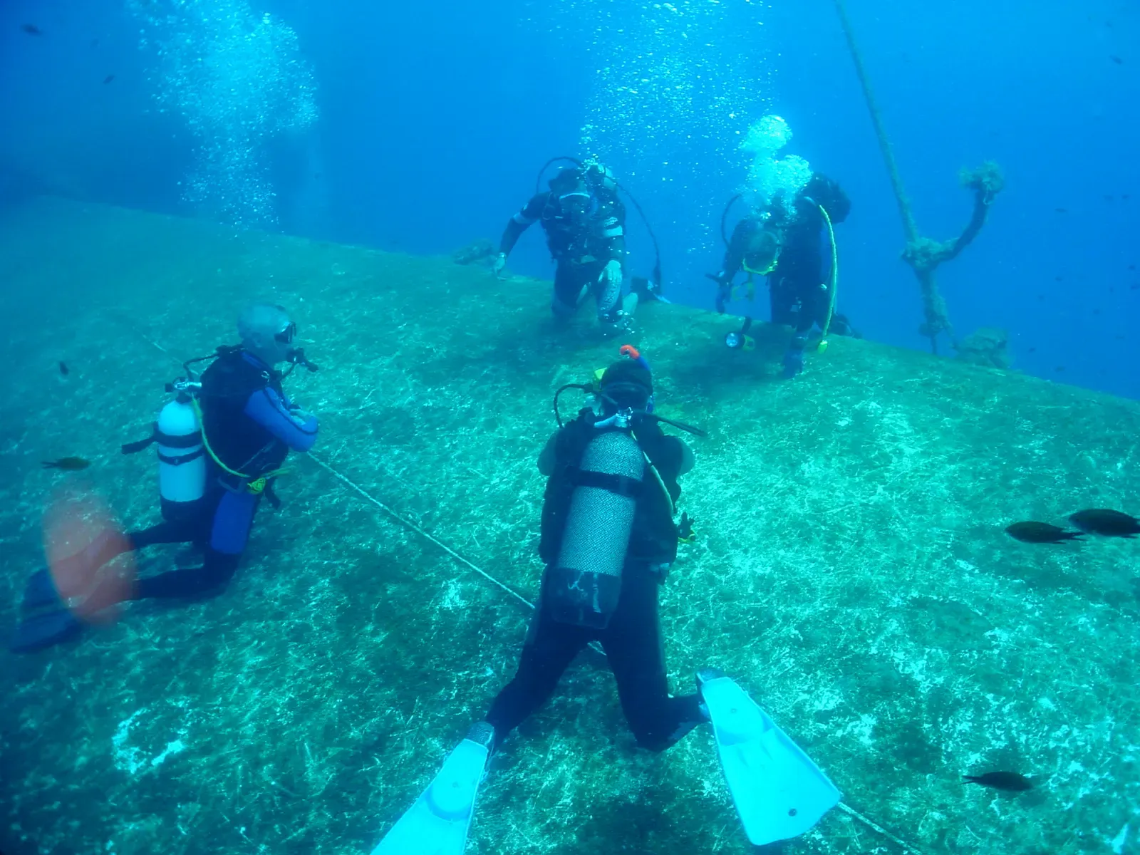 Divers kneeling on the exposed hull of the Zenobia wreck beside a mooring line