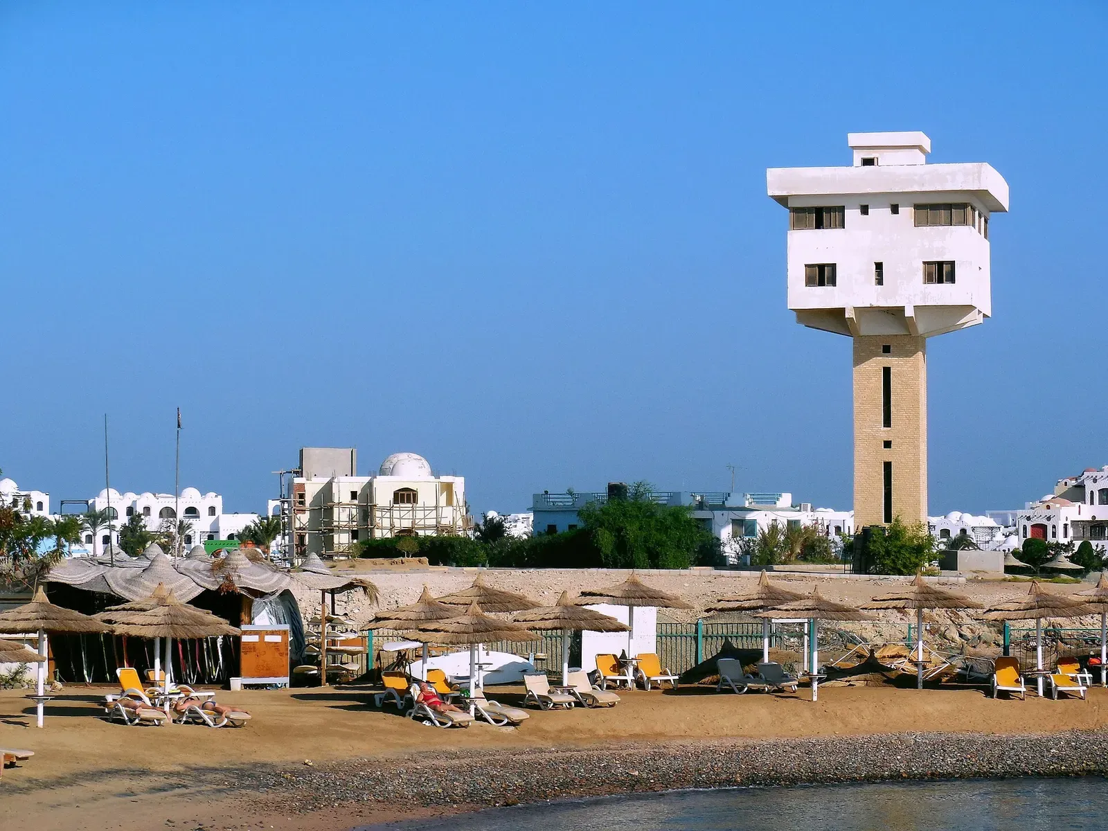 Beach resort and watchtower on Hurghada's Red Sea coastline