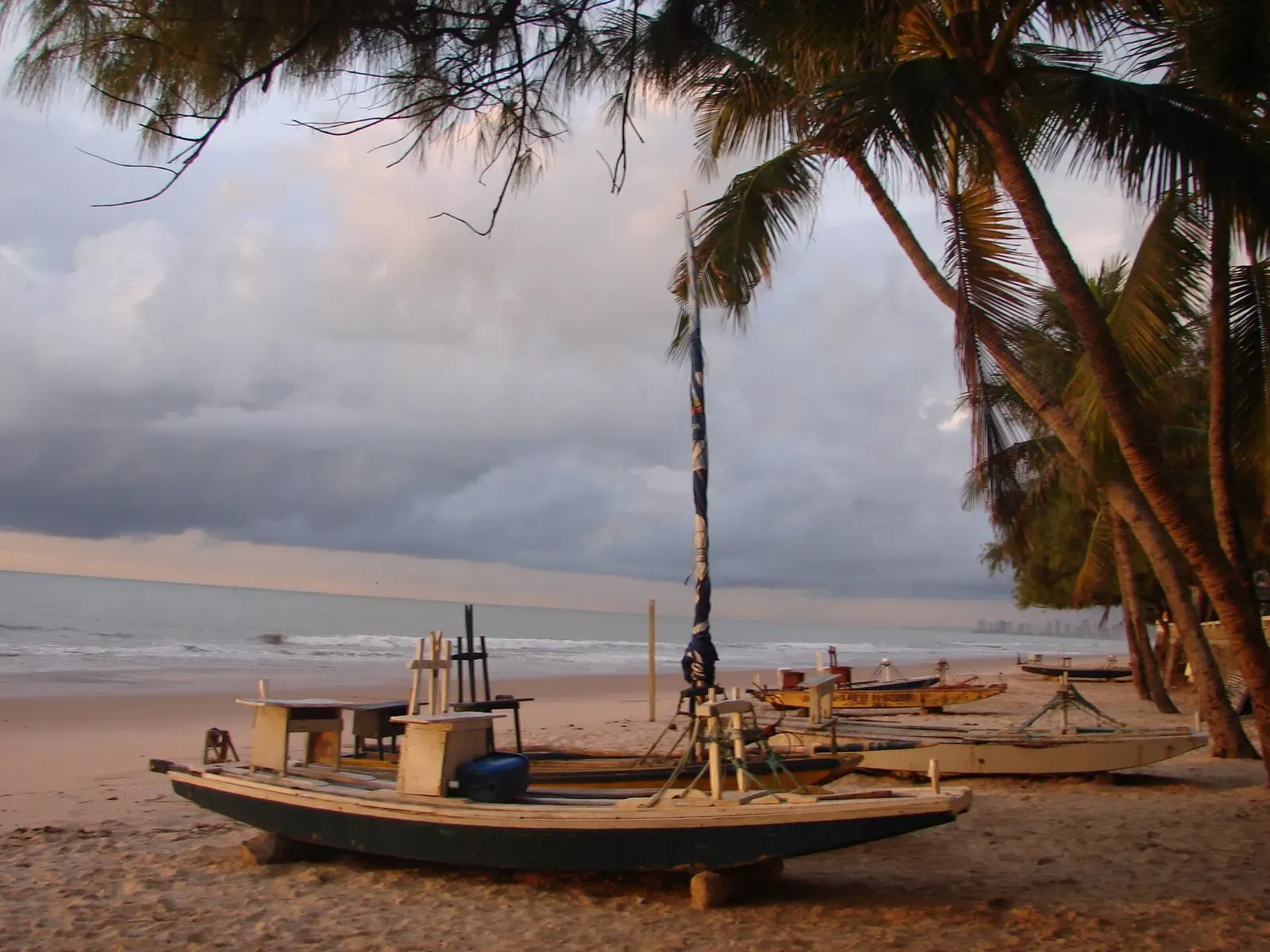 Traditional wooden jangada fishing boats resting on the sand at dawn near Recife, Pernambuco