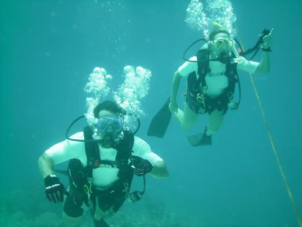 Two divers trailing bubbles ascend along a line in green-blue water.