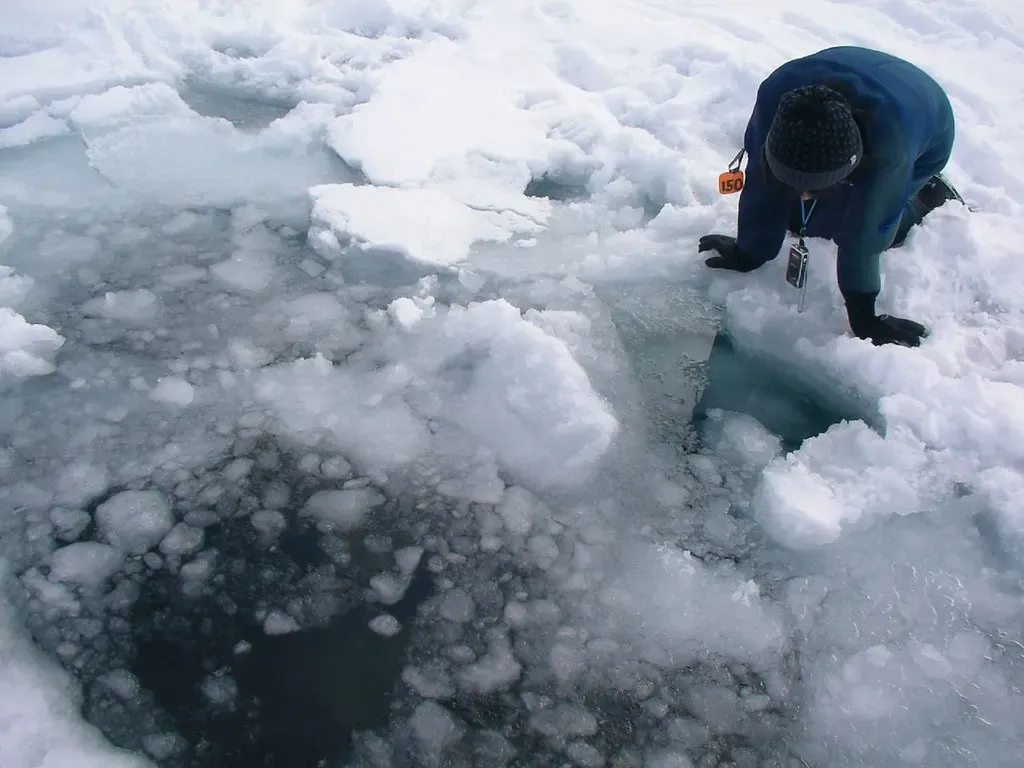A drysuited figure crouches at a hole cut through sea ice, peering into the dark water below