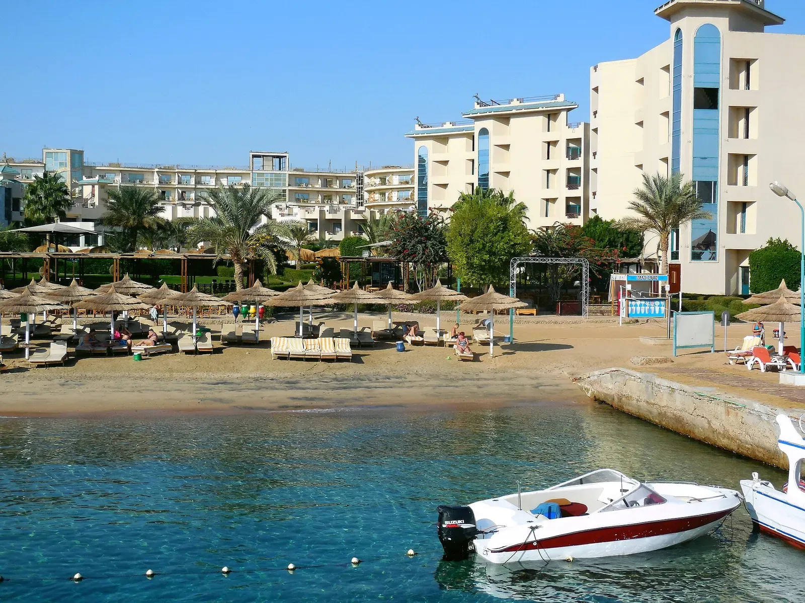 Small motorboat moored off a Hurghada beach resort on the Red Sea