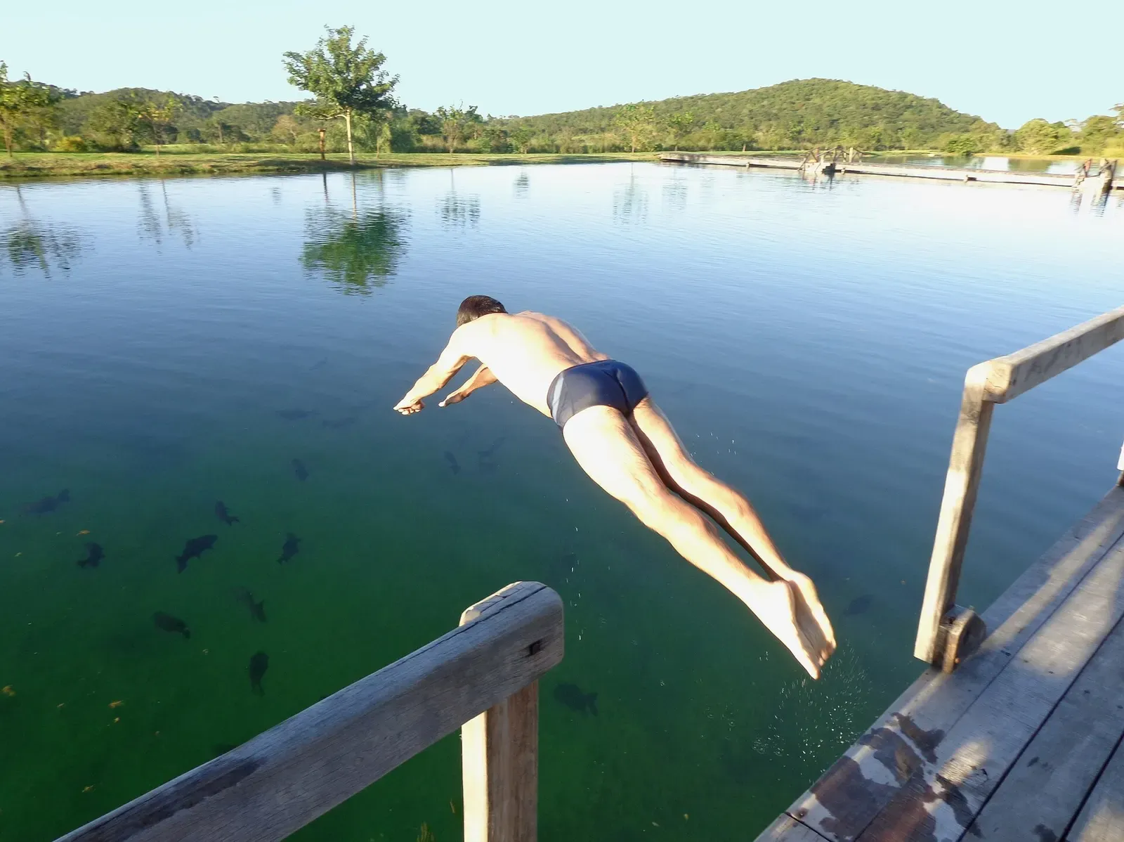 A swimmer dives into a clear green spring-fed lake at an ecotourism farm near Bonito