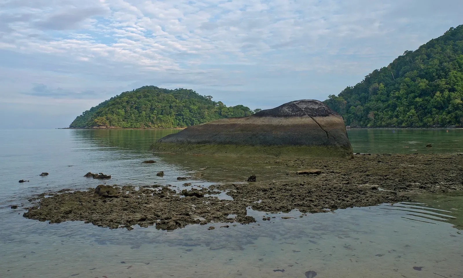 A large granite boulder rests on an exposed reef flat at low tide, North Surin Island
