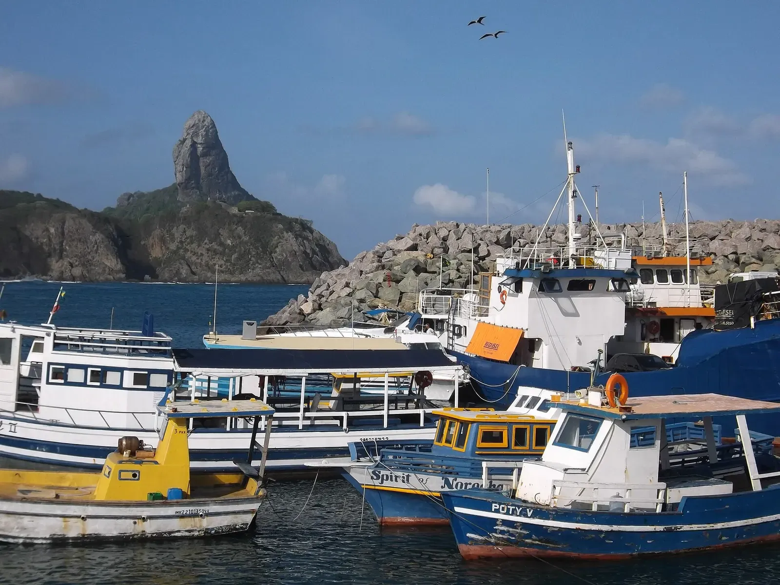 Dive and fishing boats moored in the harbor at Vila dos Remédios, with Morro do Pico rising behind