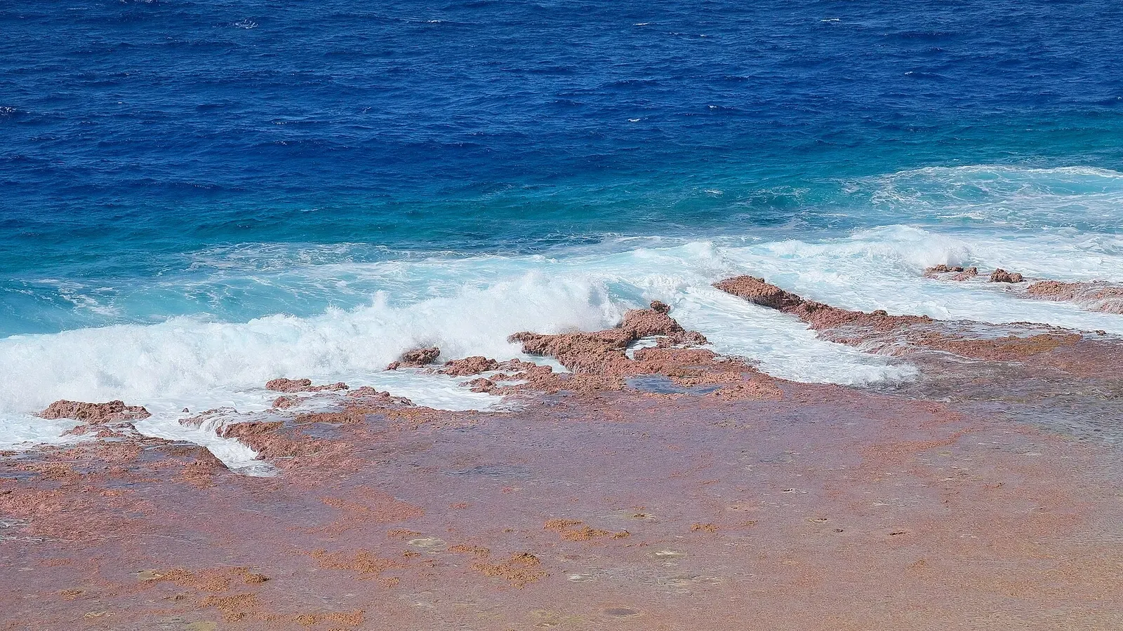 Waves breaking over the red coral reef edge at Puluhiki on Niue's east coast
